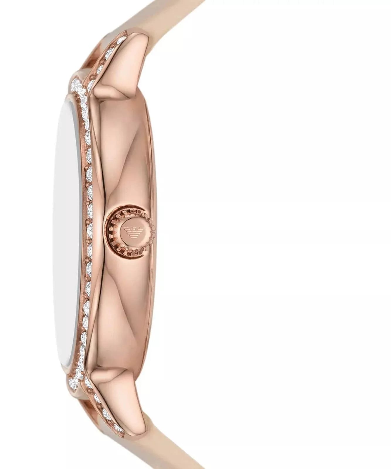 Side profile view of Emporio Armani AR80069 watch showing rose gold case and pink leather strap