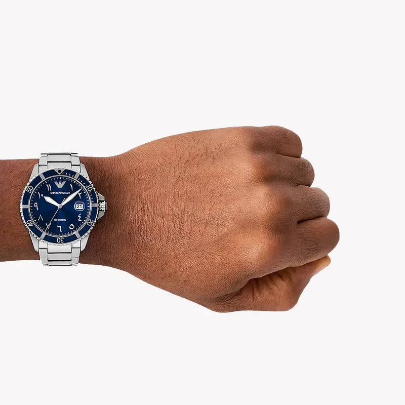 Emporio Armani AR80076 watch worn on wrist showing blue dial and silver strap