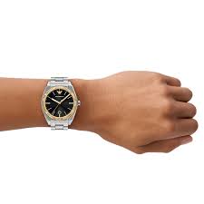 Emporio Armani AR80077 watch worn on wrist showing stainless steel bracelet