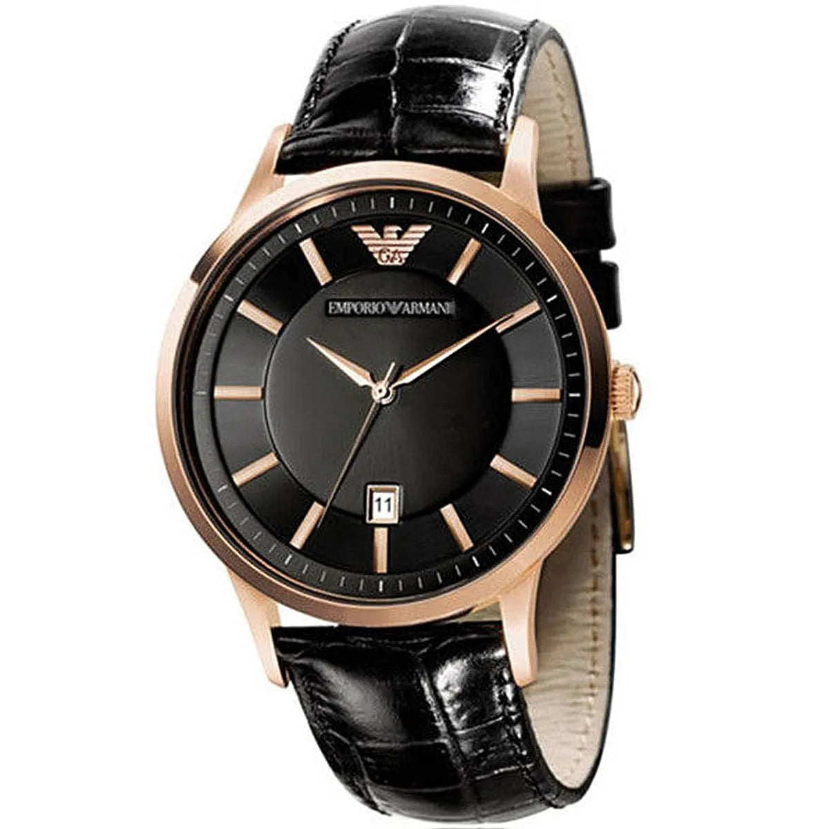 AR9022 Emporio Armani watch showing rose gold case from angled side view with black leather strap