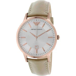 Emporio Armani AR9108 watch on wrist showing silver dial and beige leather strap detail