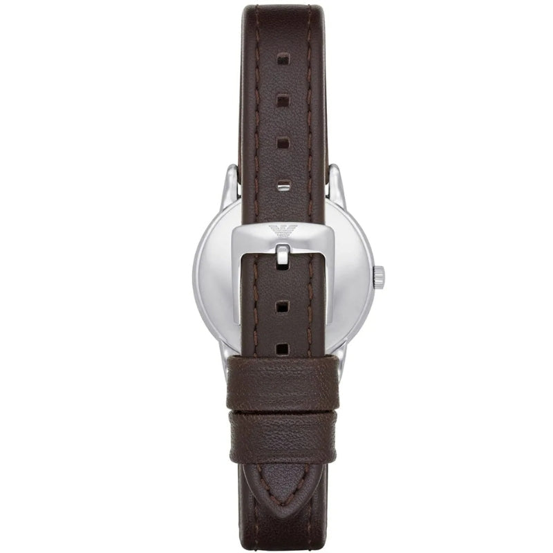 Emporio Armani AR9112L watch caseback showing stainless steel with brown leather strap