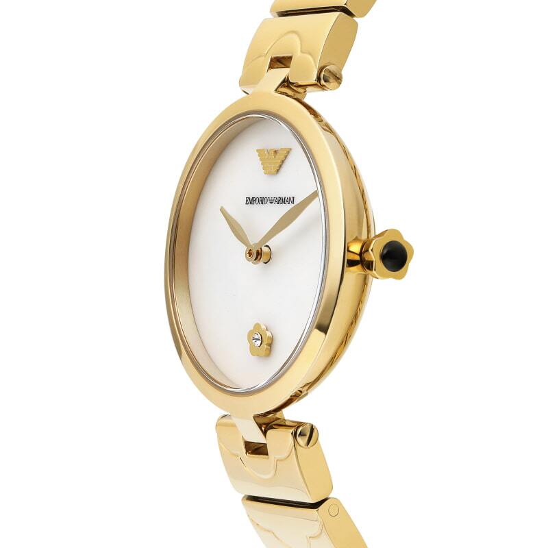 Emporio Armani Arianna gold oval watch with white dial shown at angle