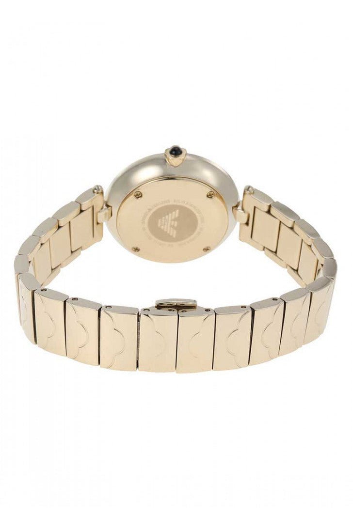 Emporio Armani Arianna gold watch caseback displaying Emporio Armani logo and serial markings