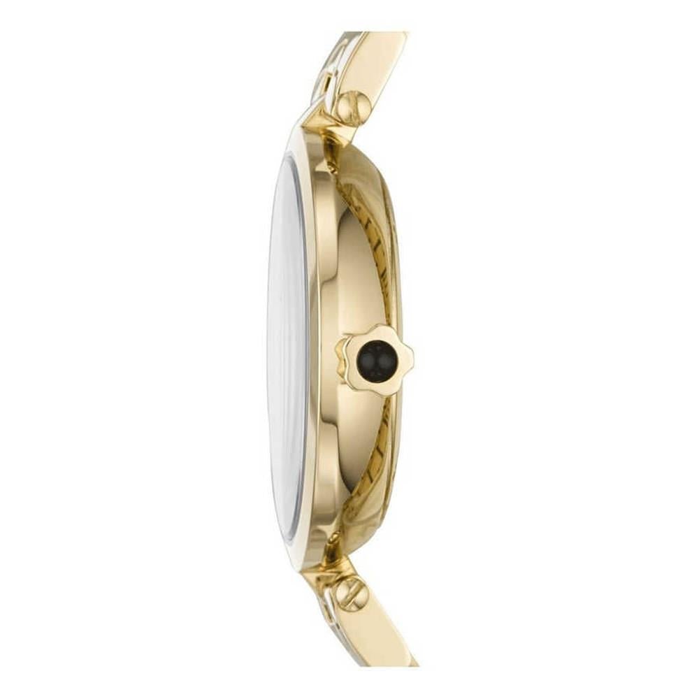 Emporio Armani Arianna gold watch side profile showing case thickness and crown