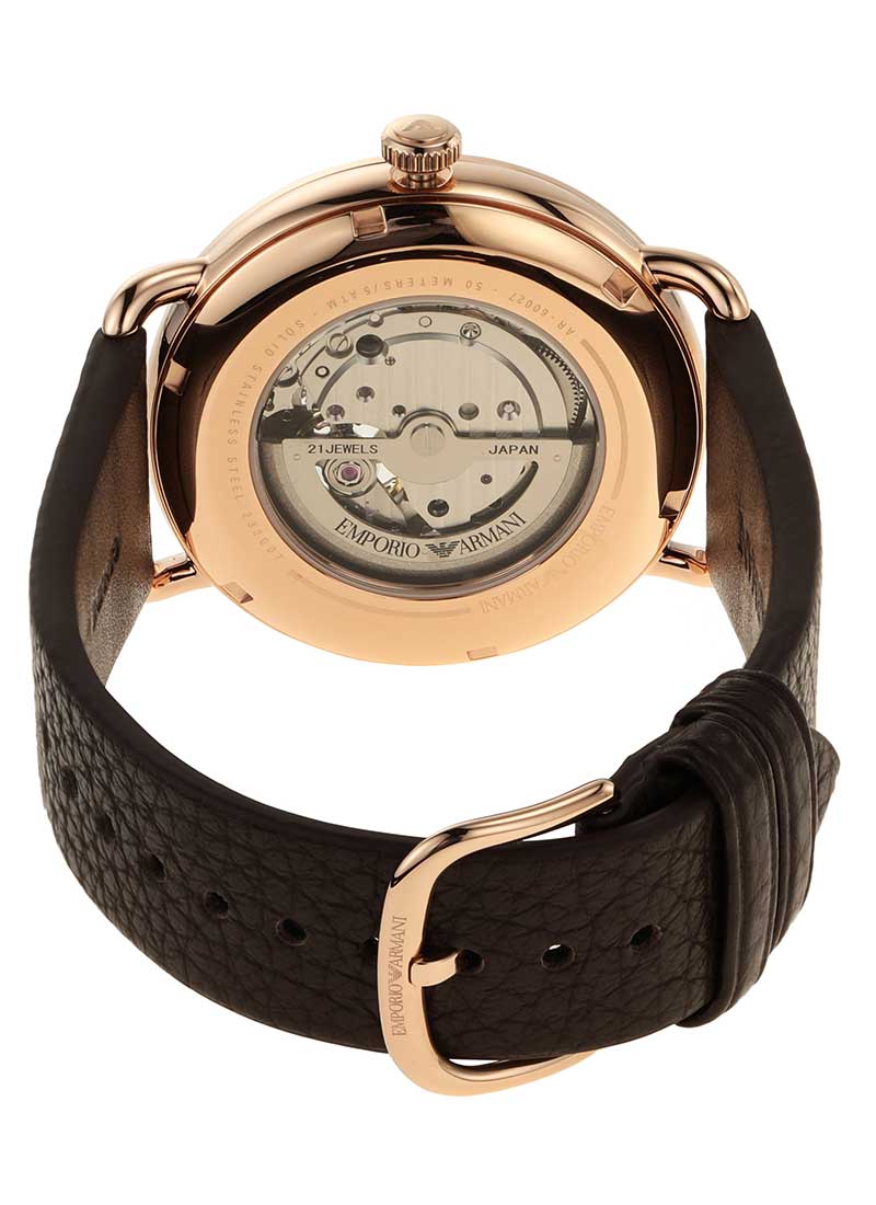 Rose gold caseback showing automatic mechanical movement and Emporio Armani marking