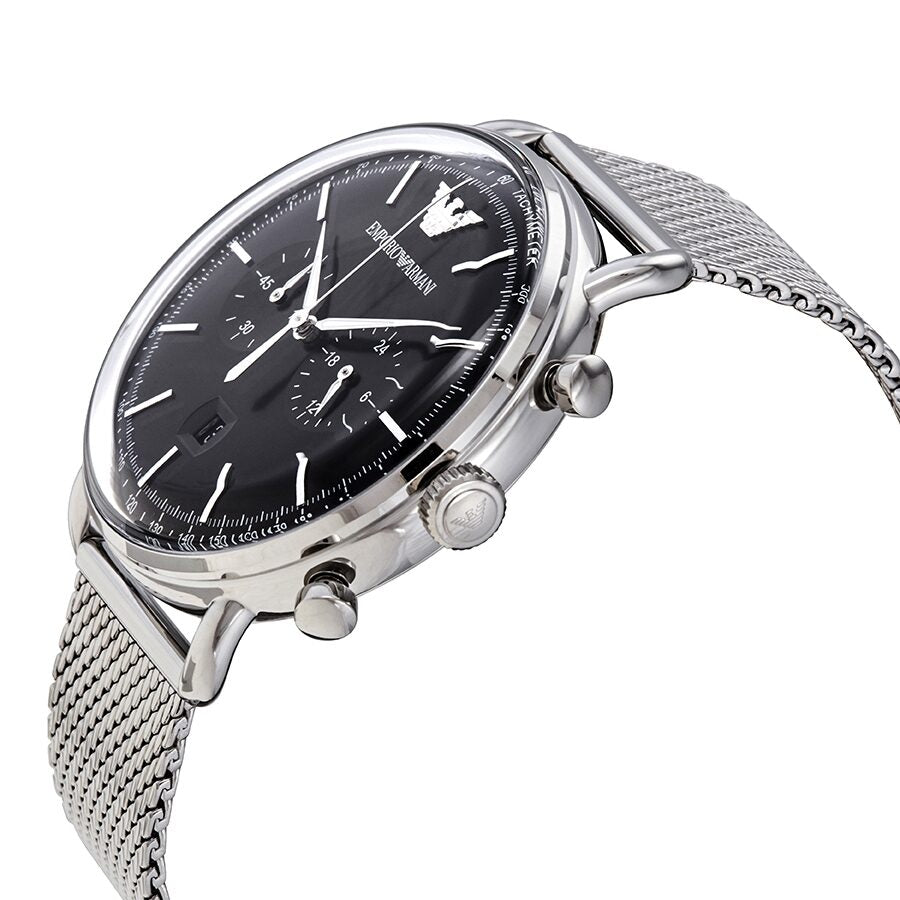 Emporio Armani Aviator Chronograph watch angled view showing black dial and silver mesh band