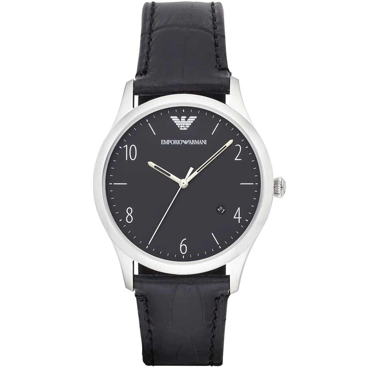 Emporio Armani Beta AR1865 men's watch with silver case and black dial on black leather strap