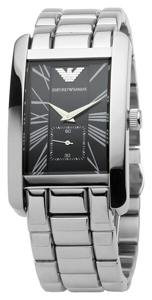 Emporio Armani black rectangular dial watch with silver metal bracelet, white hands, and eagle logo