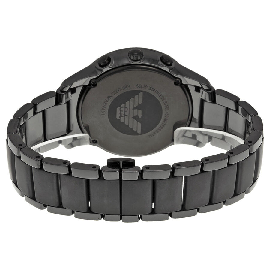 Back view of Emporio Armani Ceramica watch showing black ceramic strap and case back
