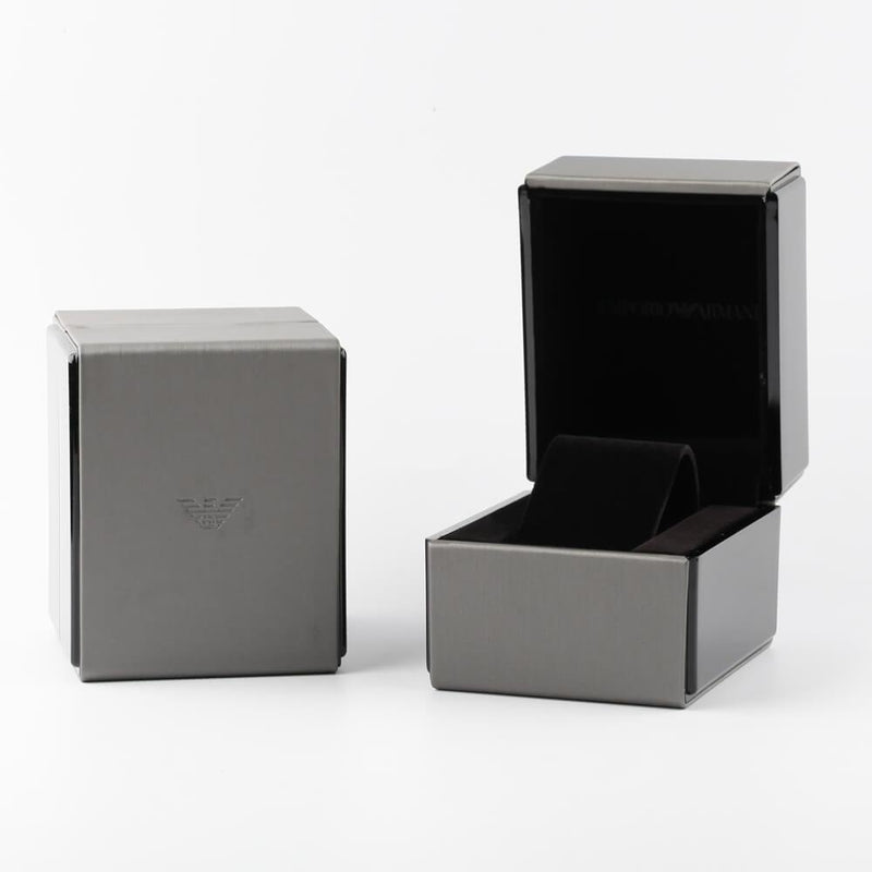 Emporio Armani AR7429 watch packaging with gray box and branded case