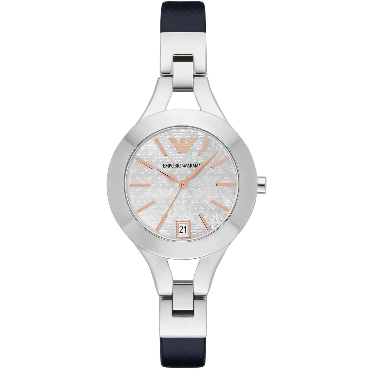 Emporio Armani Chiara silver women's watch with white dial and black leather strap