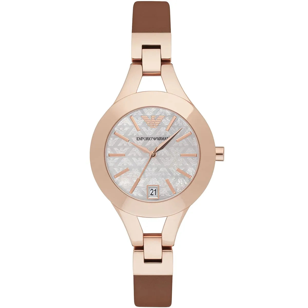 Emporio Armani Chiara rose gold women's watch with silver dial and brown leather strap