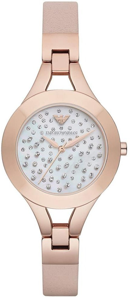 Emporio Armani Chiara Quartz Crystals White Dial Rose Gold Leather Strap Women Watch - AR7437