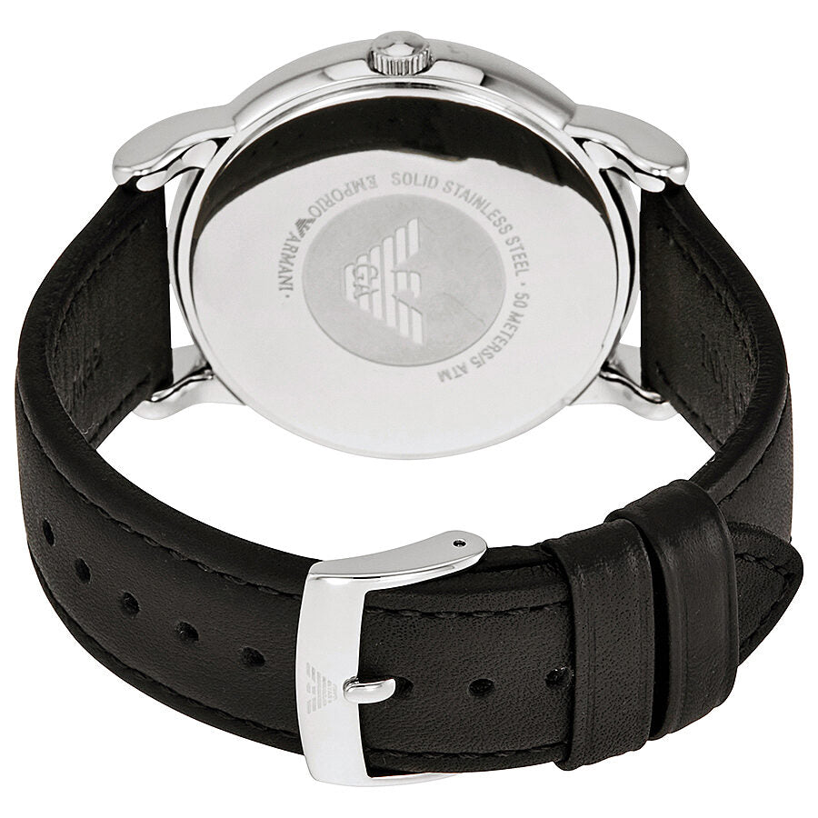 Back caseback of Emporio Armani Classic watch showing stainless steel and branding