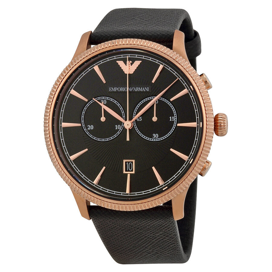 Emporio Armani AR1792 rose gold chronograph watch with black dial and black leather strap