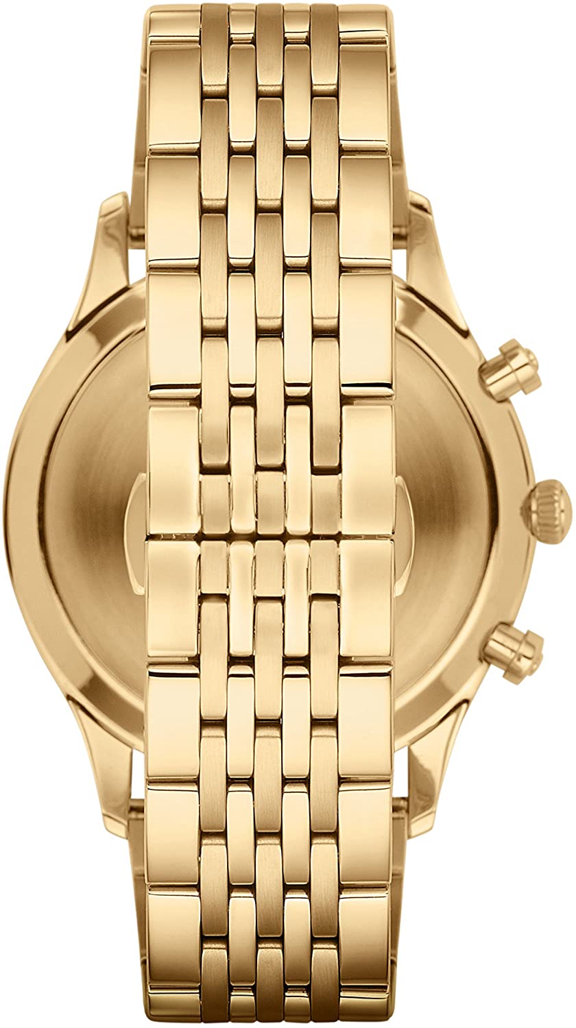 AR1893 case back view showing gold-tone metal and chronograph pushers
