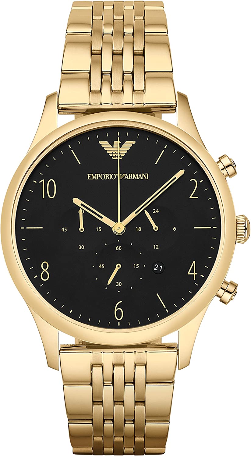Emporio Armani AR1893 chronograph watch with black dial and gold-tone case and bracelet