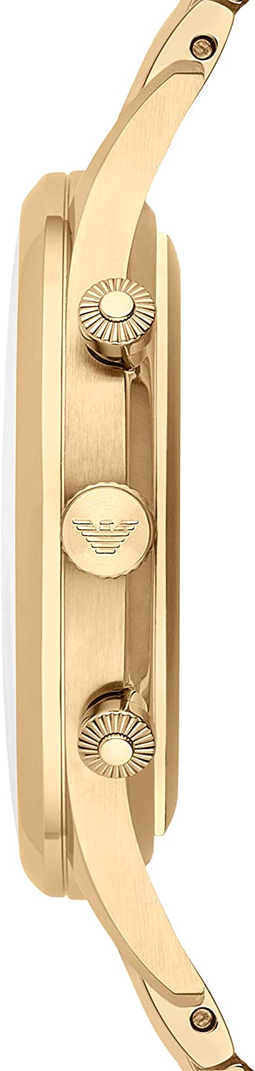 Side profile of AR1893 watch showing gold-tone case thickness and chronograph buttons
