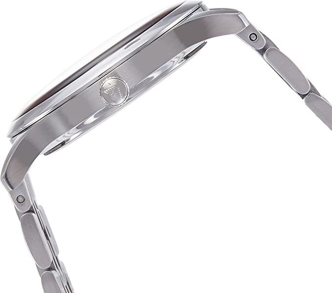 Side profile view of Emporio Armani watch case and stainless steel bracelet