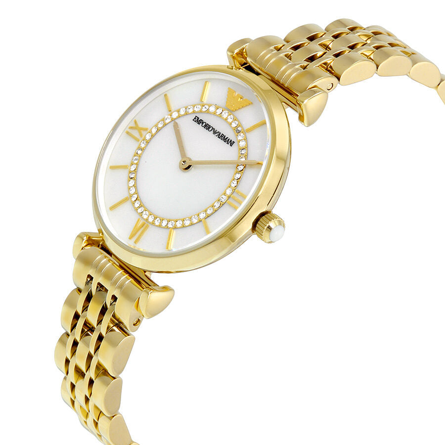 Three-quarter view of gold-tone Emporio Armani Classic watch with crystal-set bezel and mother-of-pearl dial