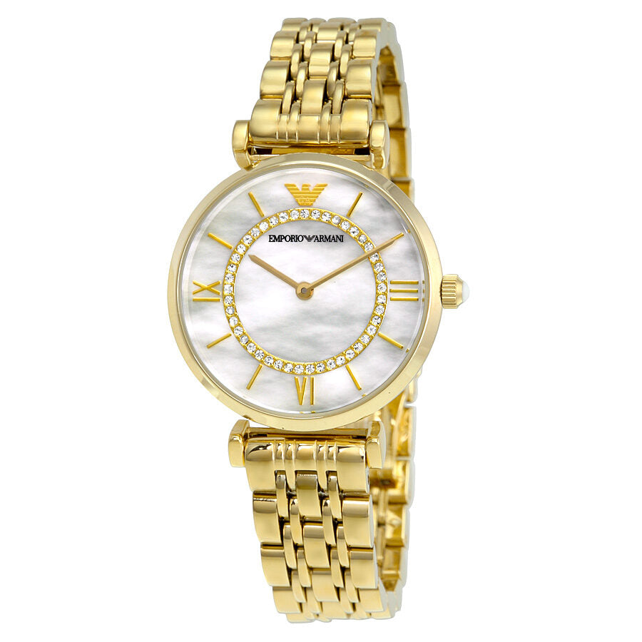 Gold-tone Emporio Armani Classic watch with mother-of-pearl dial, Roman numerals, and matching bracelet