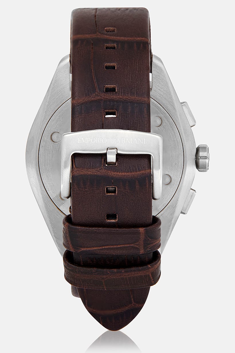 Caseback view of Emporio Armani Claudio chronograph watch with brown leather strap