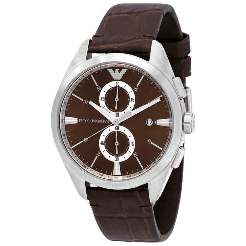 Emporio Armani Claudio chronograph watch with brown dial and white chronograph subdials on brown leather strap