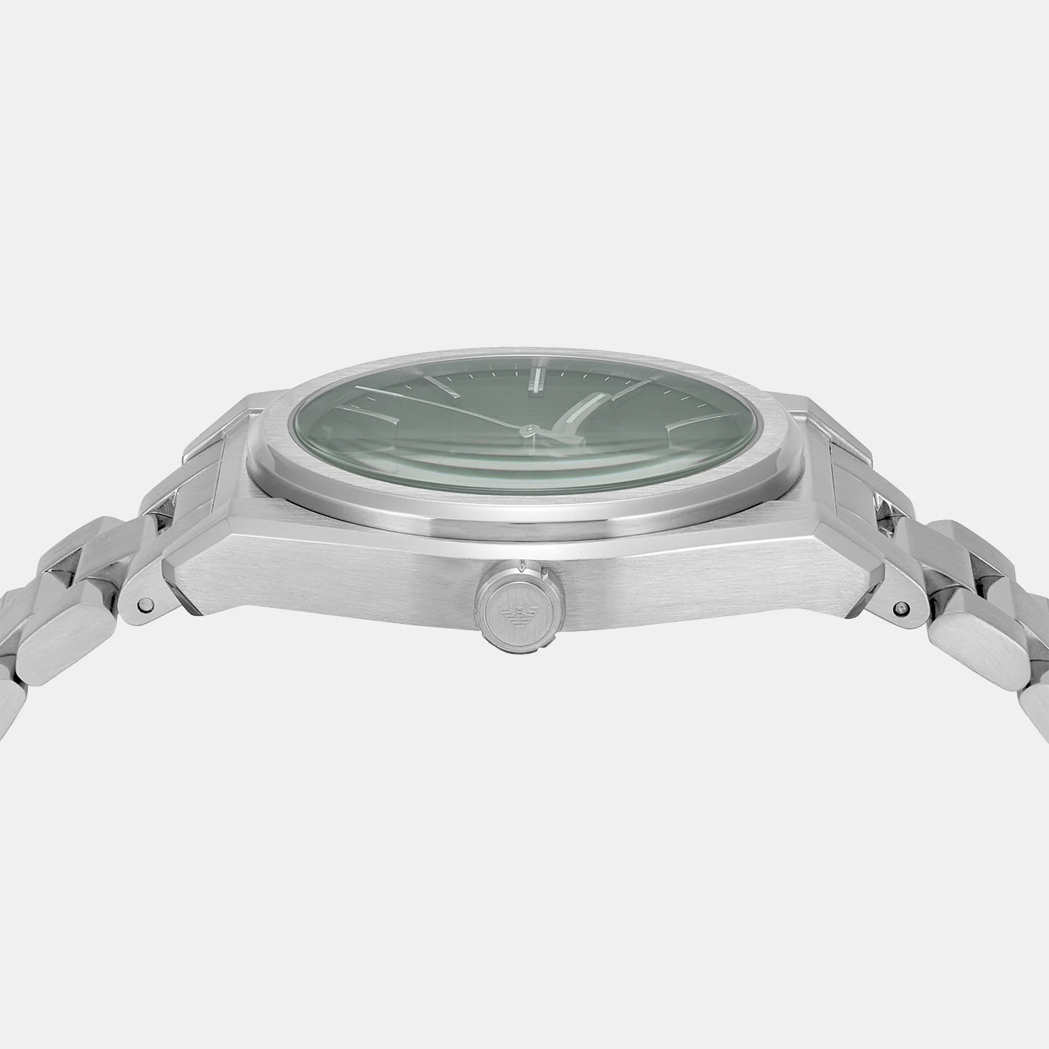 Angled view of Emporio Armani Frederico watch with green dial and silver steel bracelet
