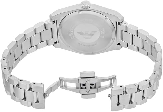 Caseback of Emporio Armani Frederico watch with engraved eagle logo and silver steel bracelet