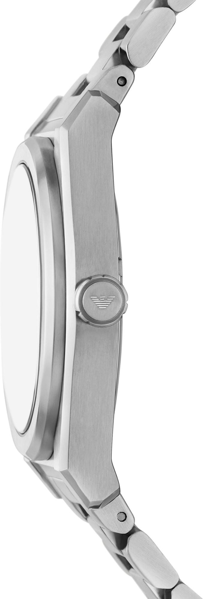 Side view of Emporio Armani Frederico watch showing silver steel case and bracelet profile
