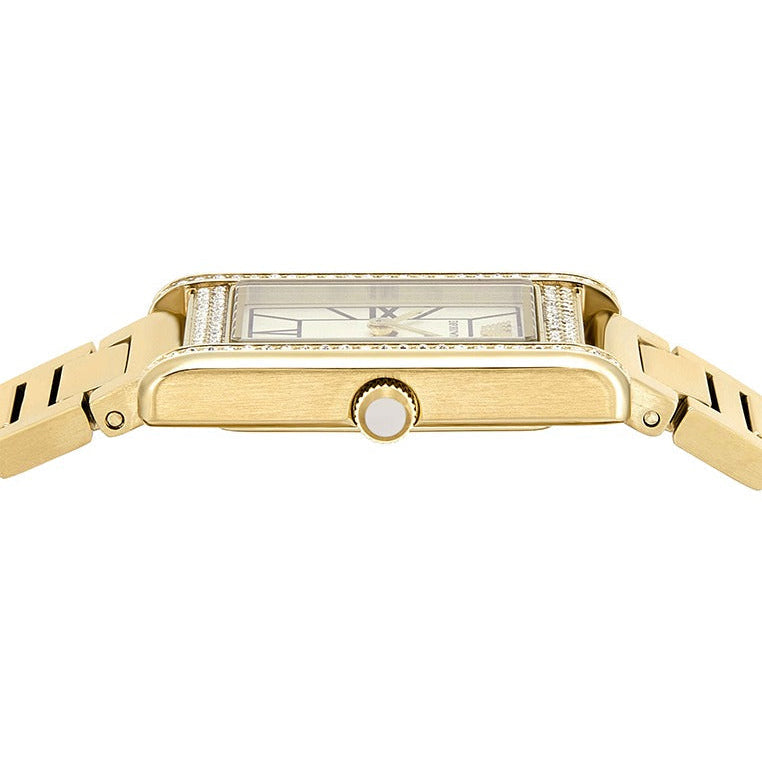 Top side view of Emporio Armani Genni AR11659 showing gold case profile with mother-of-pearl dial and crystal bezel