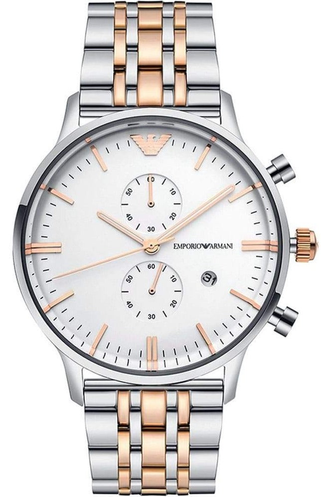 Emporio Armani Gianni XL two-tone chronograph watch with white dial, silver and rose gold bracelet