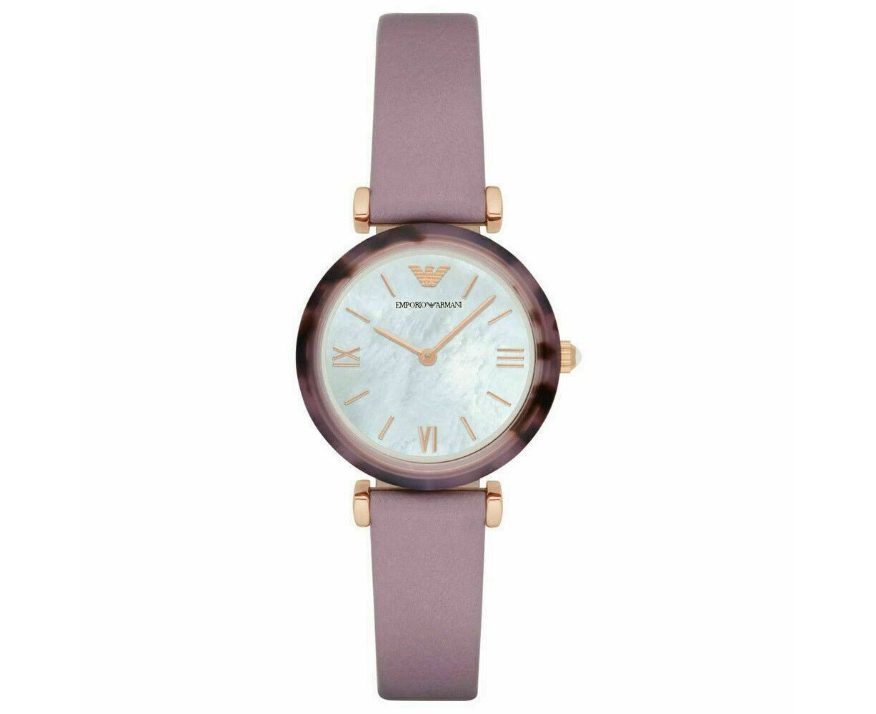 Front view of Emporio Armani Gianni watch with white mother of pearl dial and Roman numeral hour markers
