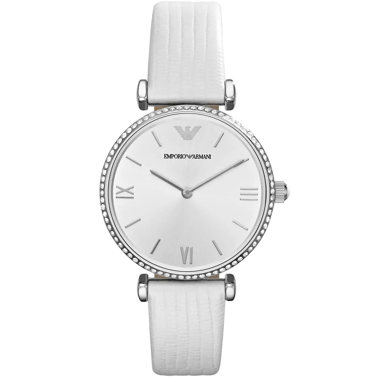Emporio Armani Gianni T-Bar AR1680 women's watch with silver-tone case, crystal bezel, white dial and white leather strap