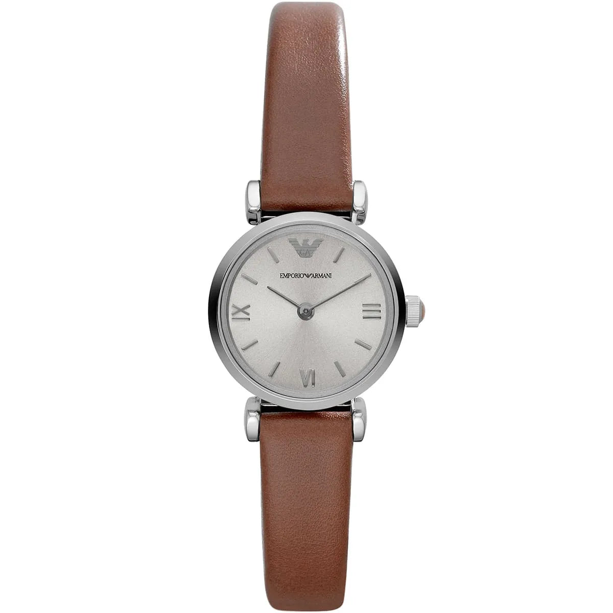 Emporio Armani Gianni T-Bar mini silver women's watch with brown leather strap and Roman numeral dial