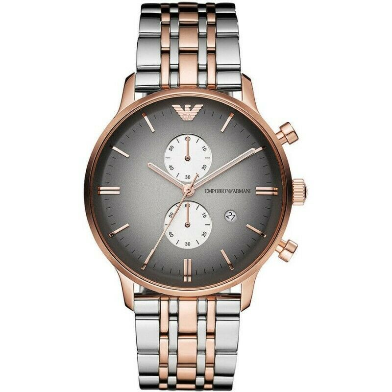 Emporio Armani Gianni gray chronograph watch with rose gold case and two-tone bracelet