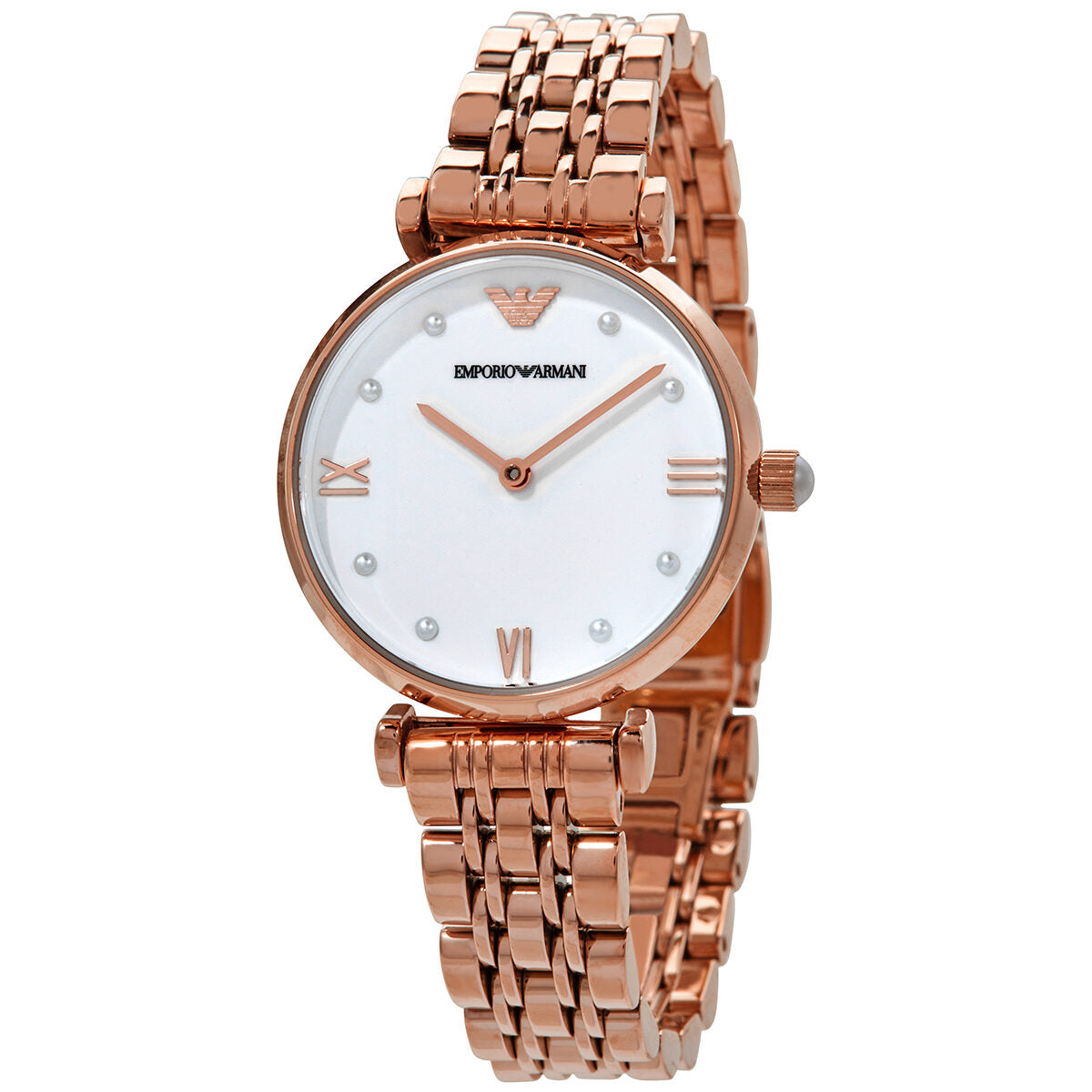 Emporio Armani Gianni T-Bar rose gold women's watch with white dial and crystal indices