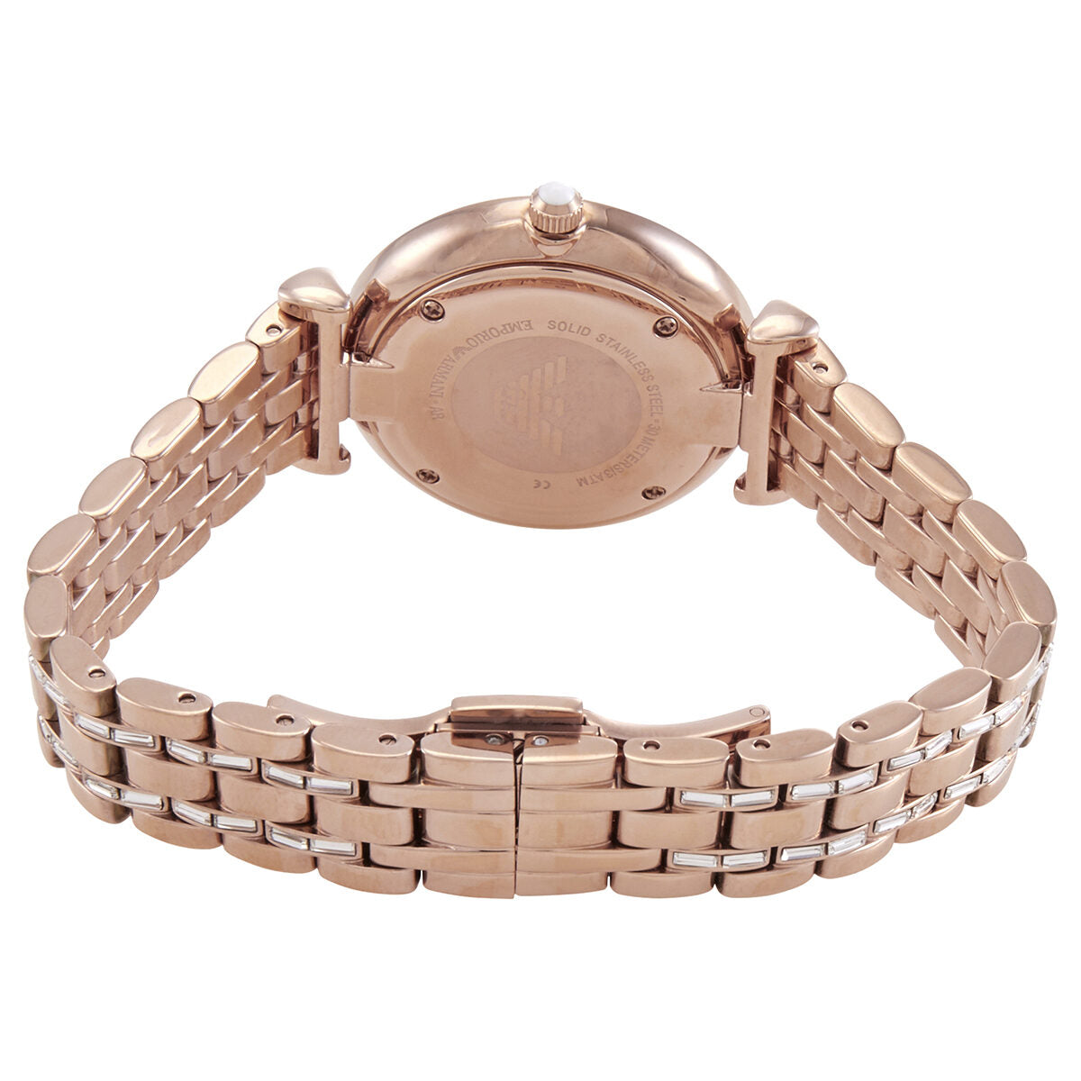 Caseback view of Emporio Armani Gianni T-Bar AR11294 watch with rose gold stainless steel construction