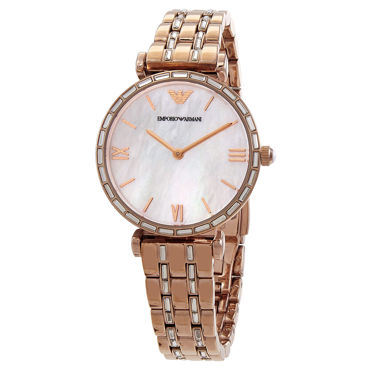 Emporio Armani Gianni T-Bar women's quartz watch with rose gold case and bracelet, white dial with Roman numerals