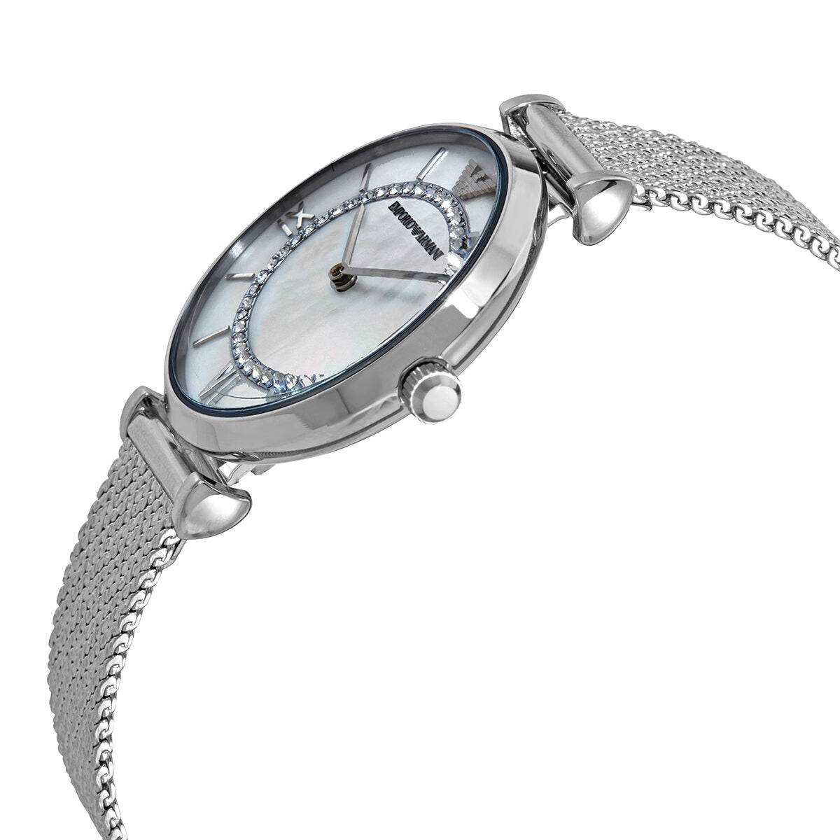 Side angle view of Emporio Armani AR11319 showing white MOP dial and mesh strap