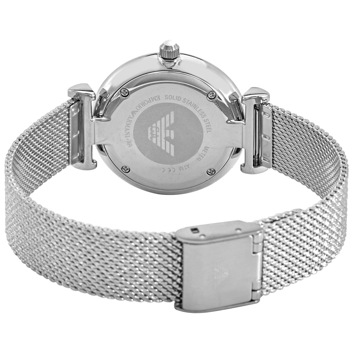 Caseback of Emporio Armani AR11319 watch with silver mesh bracelet