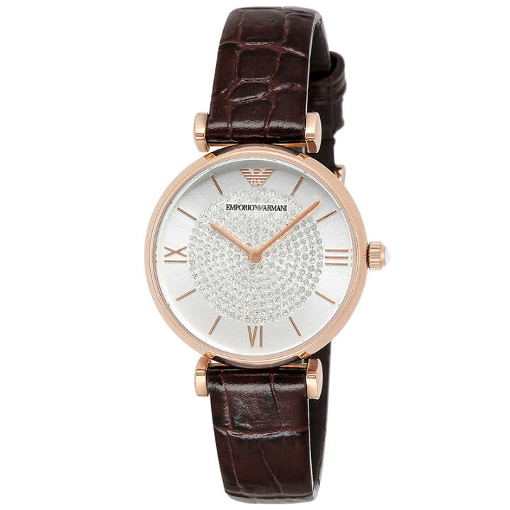 Rose gold women's watch with white crystal pave dial, Roman numerals and dark brown leather strap