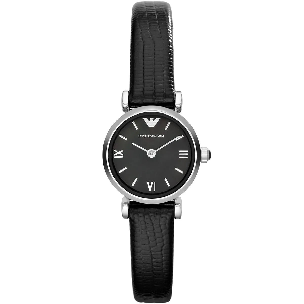 Emporio Armani Gianni T-Bar Mini silver women's watch with black dial and Roman numeral markers