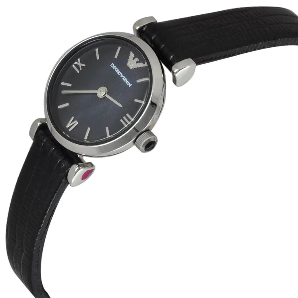 Emporio Armani Gianni watch worn on wrist showing silver case and black crocodile-textured strap