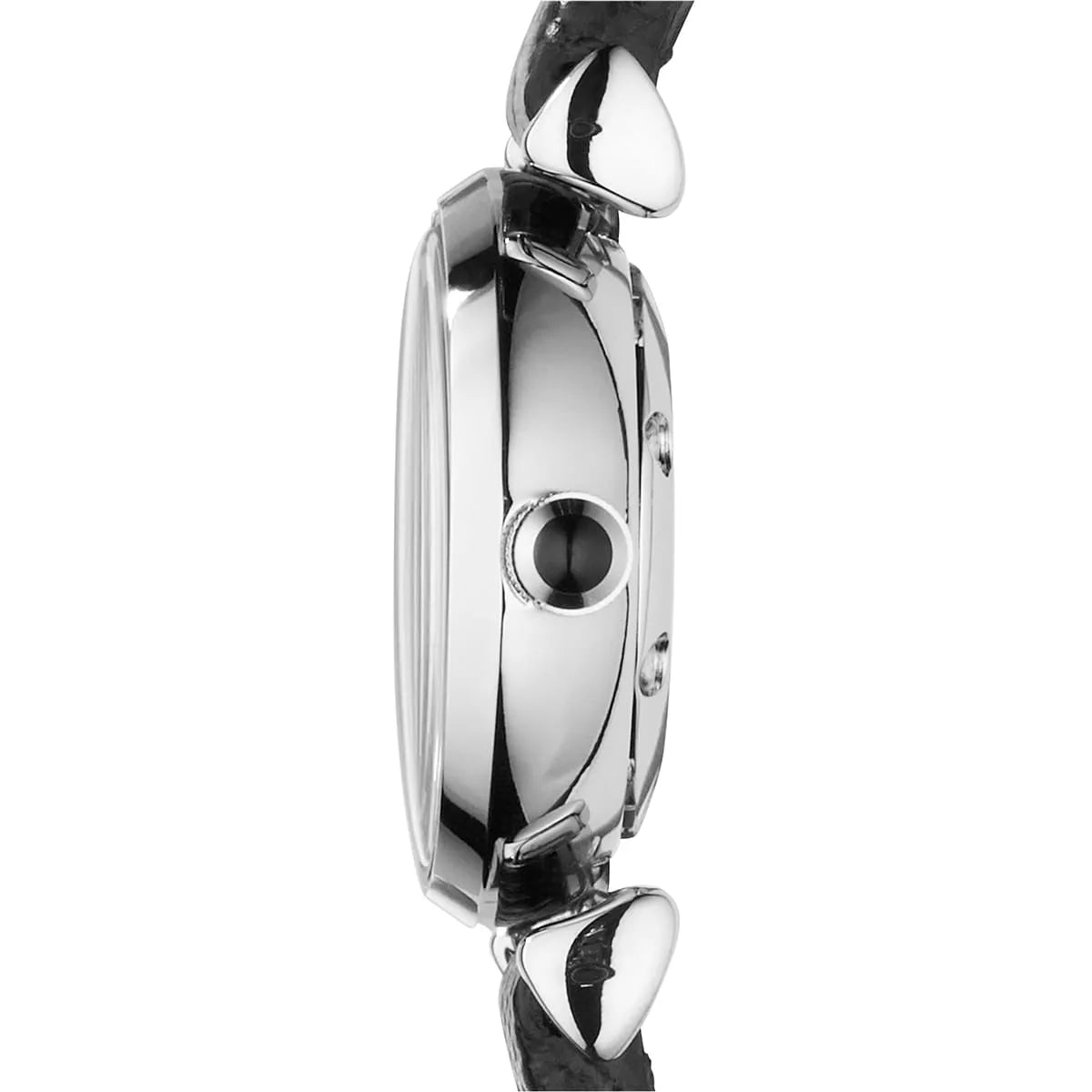 Side profile of Emporio Armani silver women's watch on wrist with visible T-bar attachment