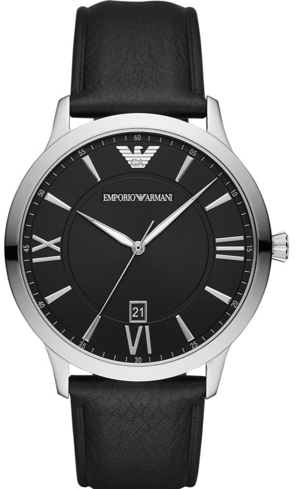 Emporio Armani Giovanni AR11210 watch with black dial and black leather strap