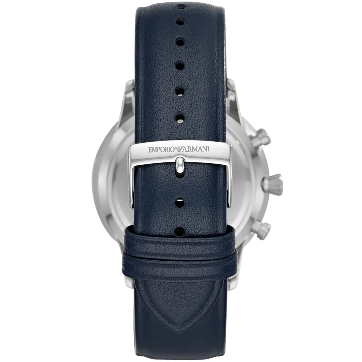 Caseback of Emporio Armani Giovanni watch showing stainless steel case and navy leather strap