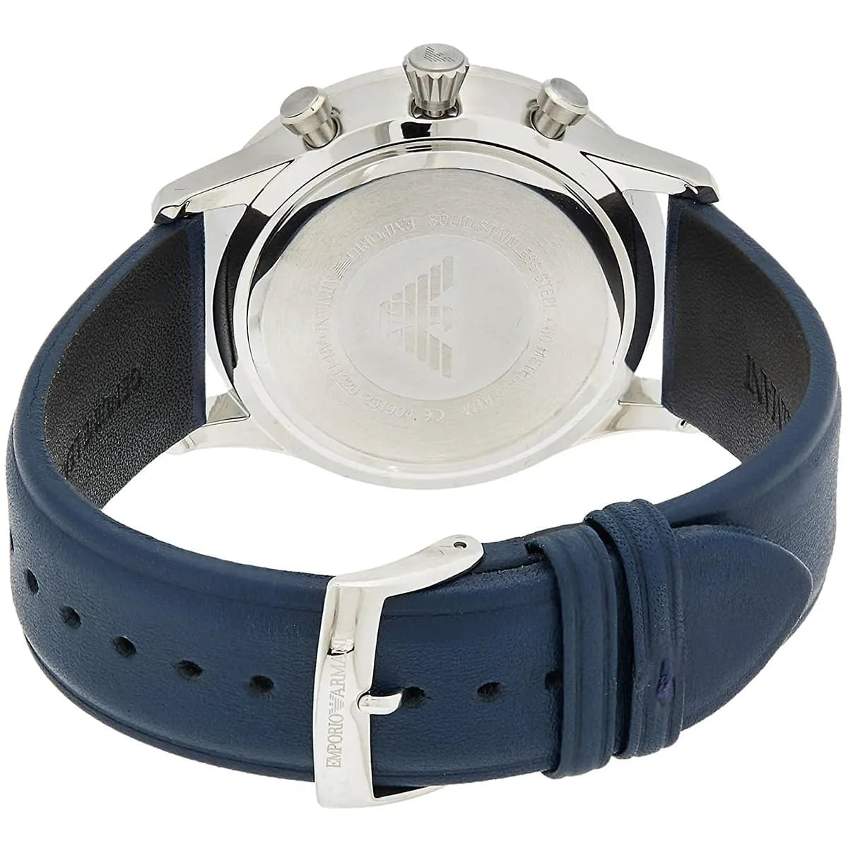 Overhead view of Emporio Armani Giovanni chronograph with blue dial and three subdials
