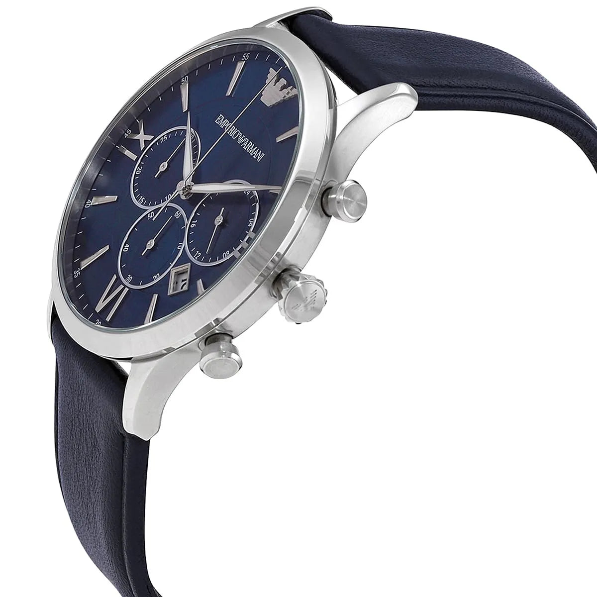 Side profile of Emporio Armani Giovanni chronograph with three pushers and leather strap